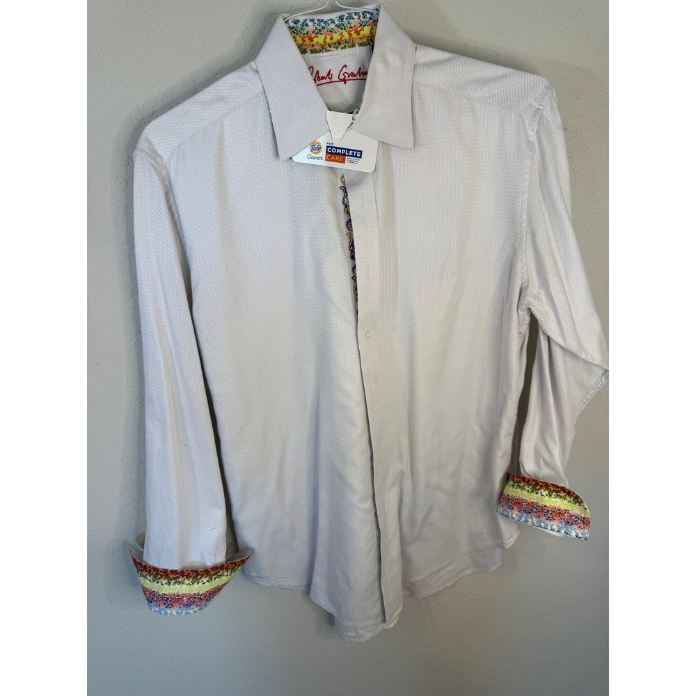 Robert Graham Mens XL White Jacquard‎ Textured Button Down Shirt Contrast Cuffs
